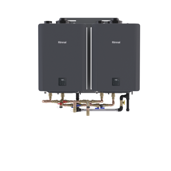 Rinnai TRX02CXIN Wall-Mounted Compact 2 Unit Tankless Rack System with SENSEI CX199i Water Heaters 398,000 BTU 10.8 GPM